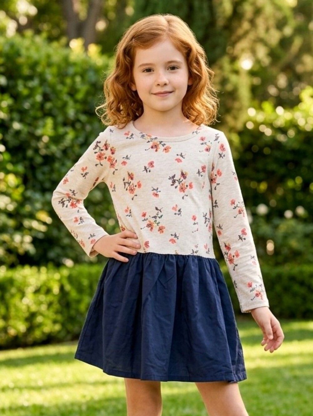 GAP Floral Dress Girls 3T Cozy Long Sleeve Terry Top Mixed Media Navy Skirt
